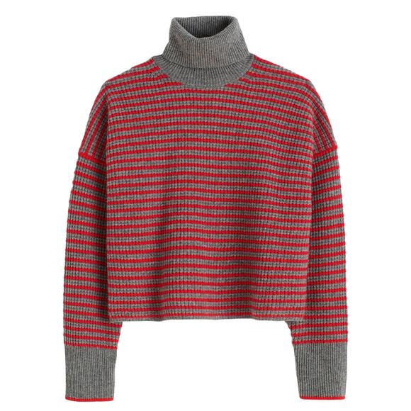 Madewell Wool Waffle Knit Turtleneck Sz S New $118 Grey Red Stripe Crop Sweater - Picture 3 of 8